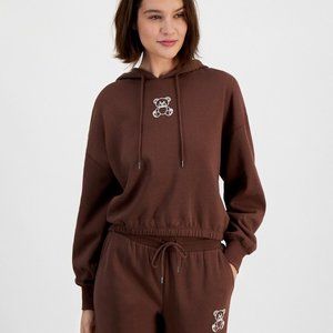 HIPPIE ROSE Juniors' Graphic-print Cropped Hoodie In Brown Bear NEW
